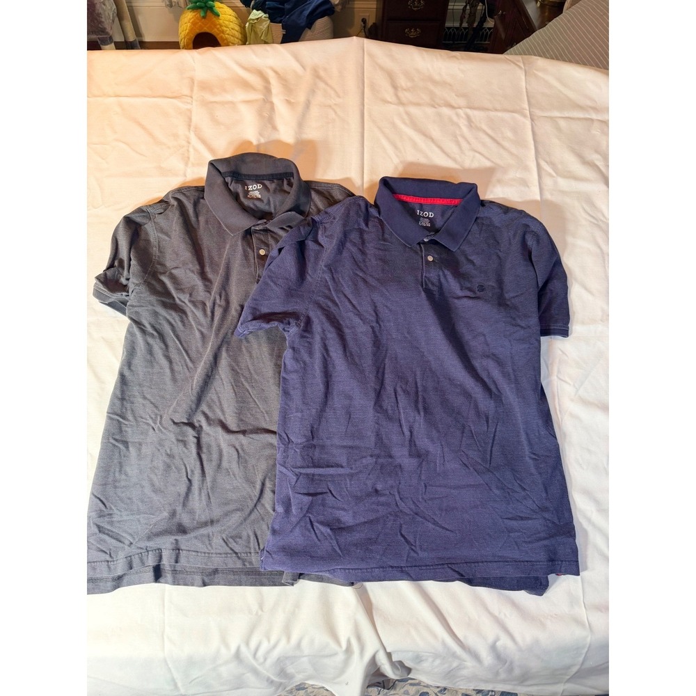 Lot of 2 IZOD Advantage Performance Polo Shirts Mens XL Blue Grey Micro Stripe